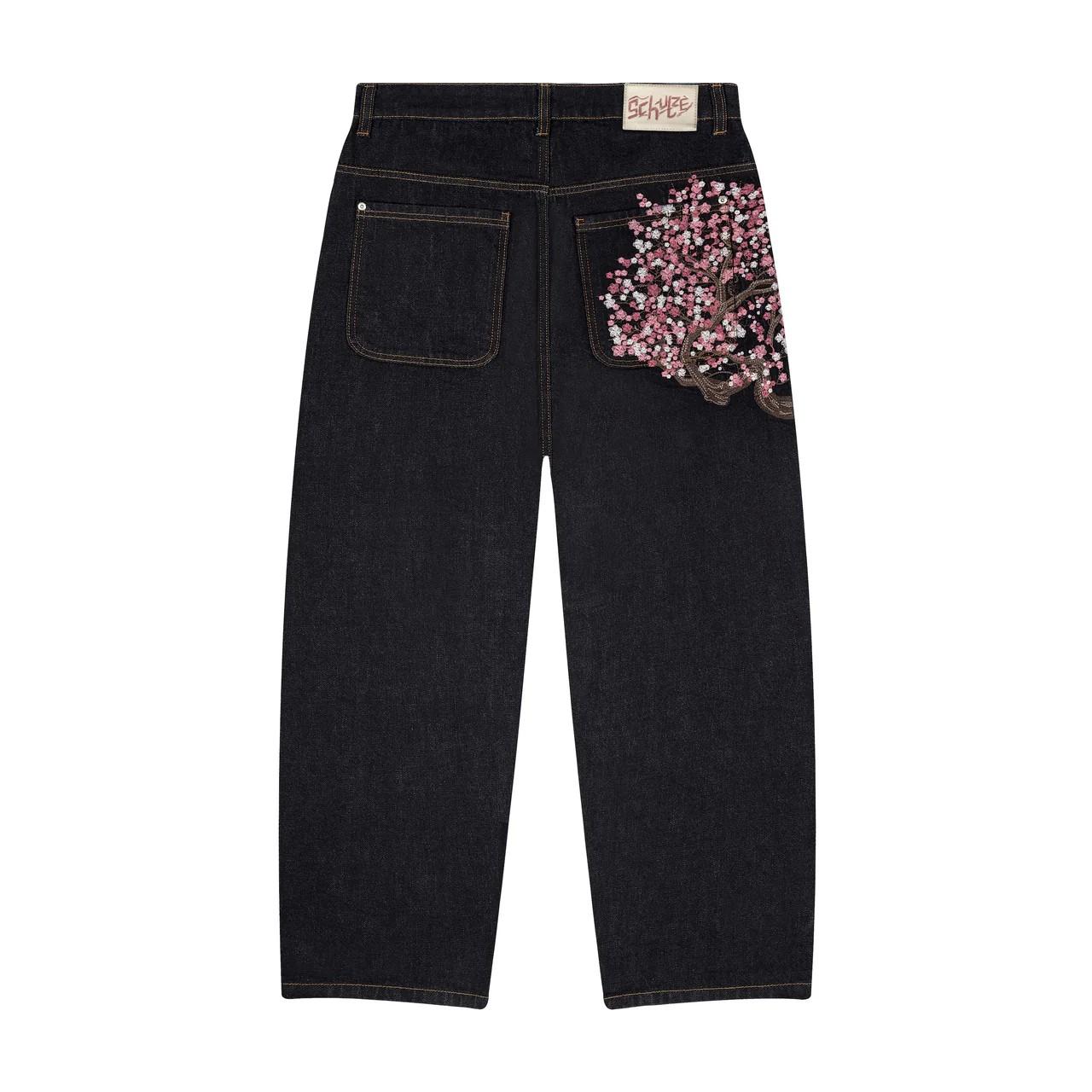 SHIZI Men Women Cherry Blossom Knight All Embroidery Denim Pants Y2k Vintage Baggy Street Straight Jeans High Waisted Washed Blue Jean M