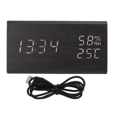 Digital Alarm Clock Regulable Brightness Temperature Humidity Display Black Wood White Light LED