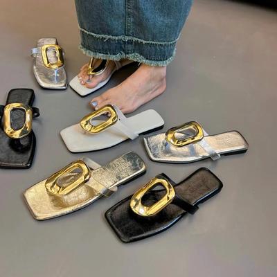 Fashion 35-43size Large Size Women's Shoes Open-toed Flip-flops Female Summer Wear A Hundred Double Toe Casual Flat Metal Buckle Sandals