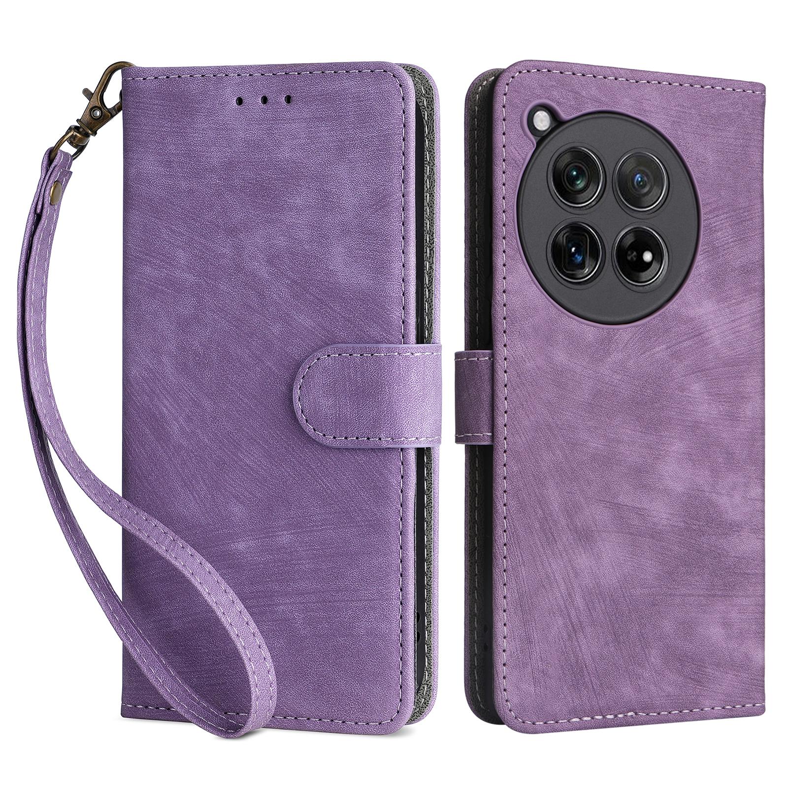 

For OnePlus Ace 3 5G/12R 5G Leather Case Stand RFID Blocking Phone Cover with Hand Strap Purple