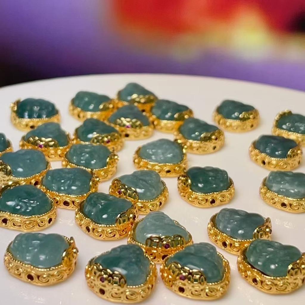 5Pcs, Natural Stone Bluewater Jadeite Pendant with Golden-Edged Accents, Fashion Pi Xiu Charms for Men Women, for DIY Necklace, Jewelry Making 12x12mm