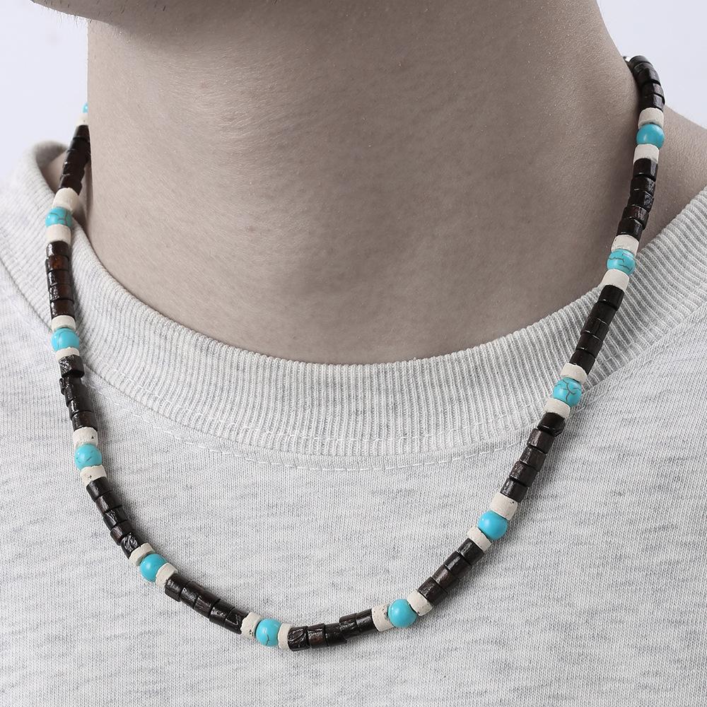 Natural Turquoise Wood Bead Splicing Men's Necklace Versatile Neutral Wind Wood Chips Coconut Shell Stainless Steel Necklace