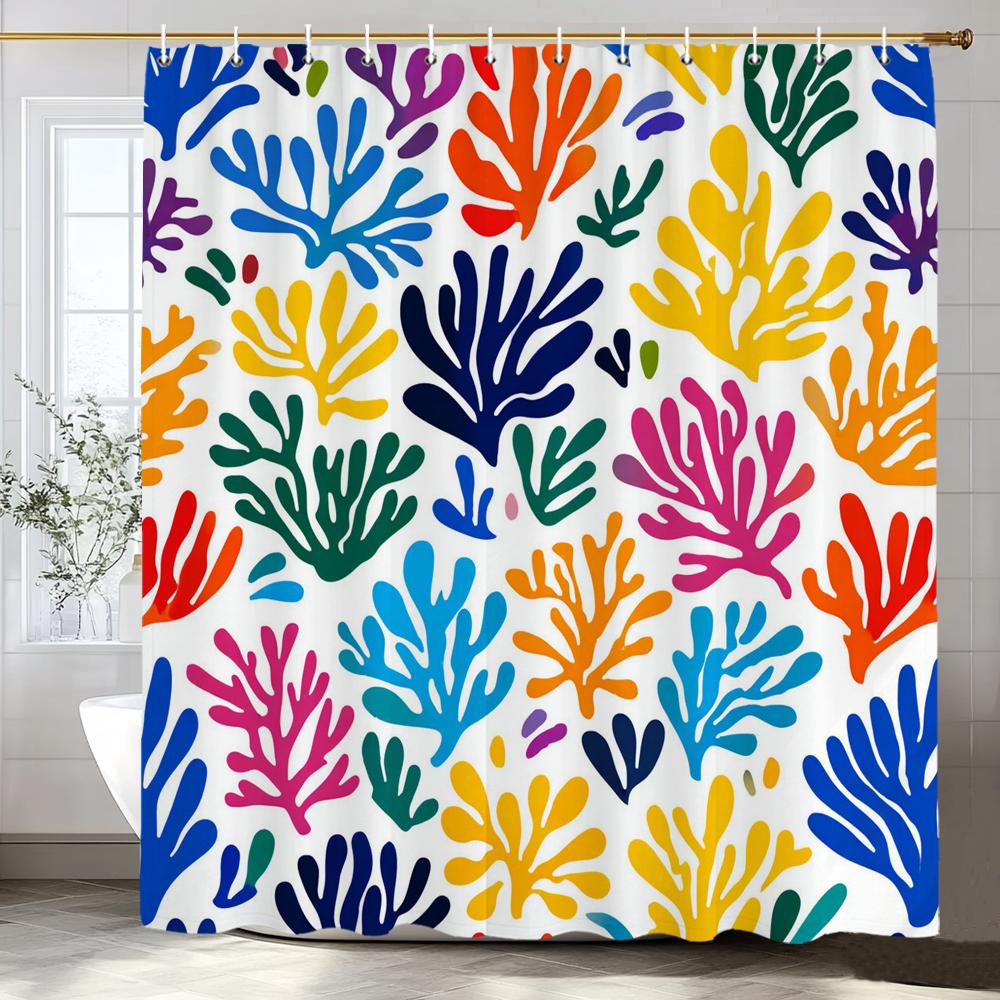 Abstract Leaves Shower Curtain, Bathroom Decorative Shower Curtain, Printed Polyester Fabric Shower Curtain With Hooks