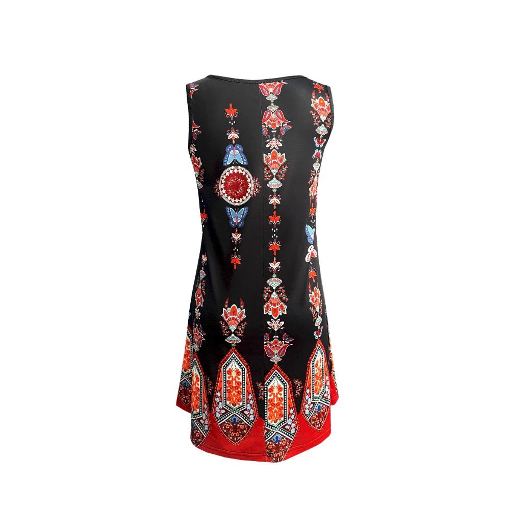 Womens Boho Dress Summer Round  Neck Sleeveless Dresses Ethnic Floral Print Sundress Mini Dress
