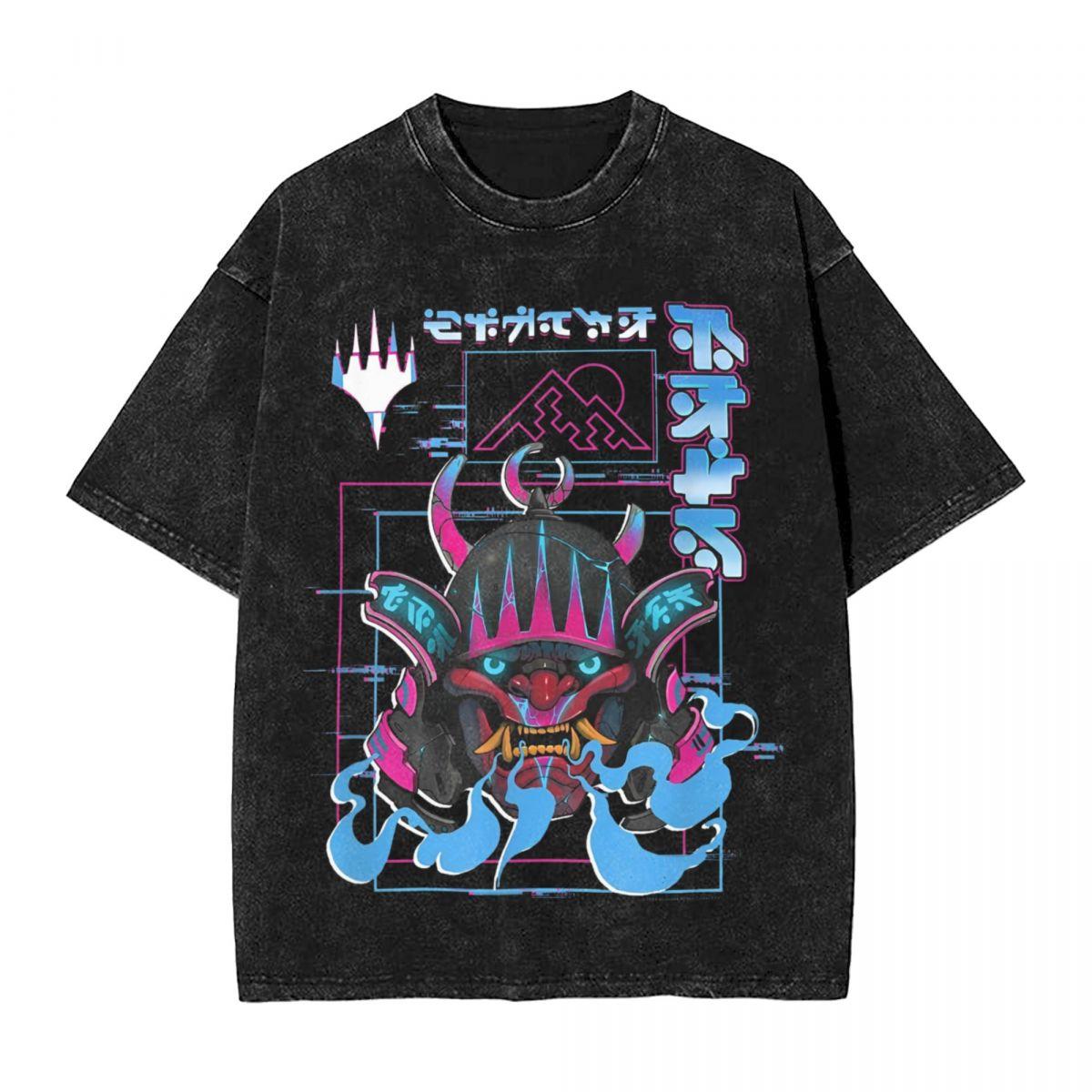 Magic The Gathering Kamigawa Neon Samurai Poster Washed T Shirts Streetwear TShirts for Unisex Women Cotton Harajuku Printed Tees S
