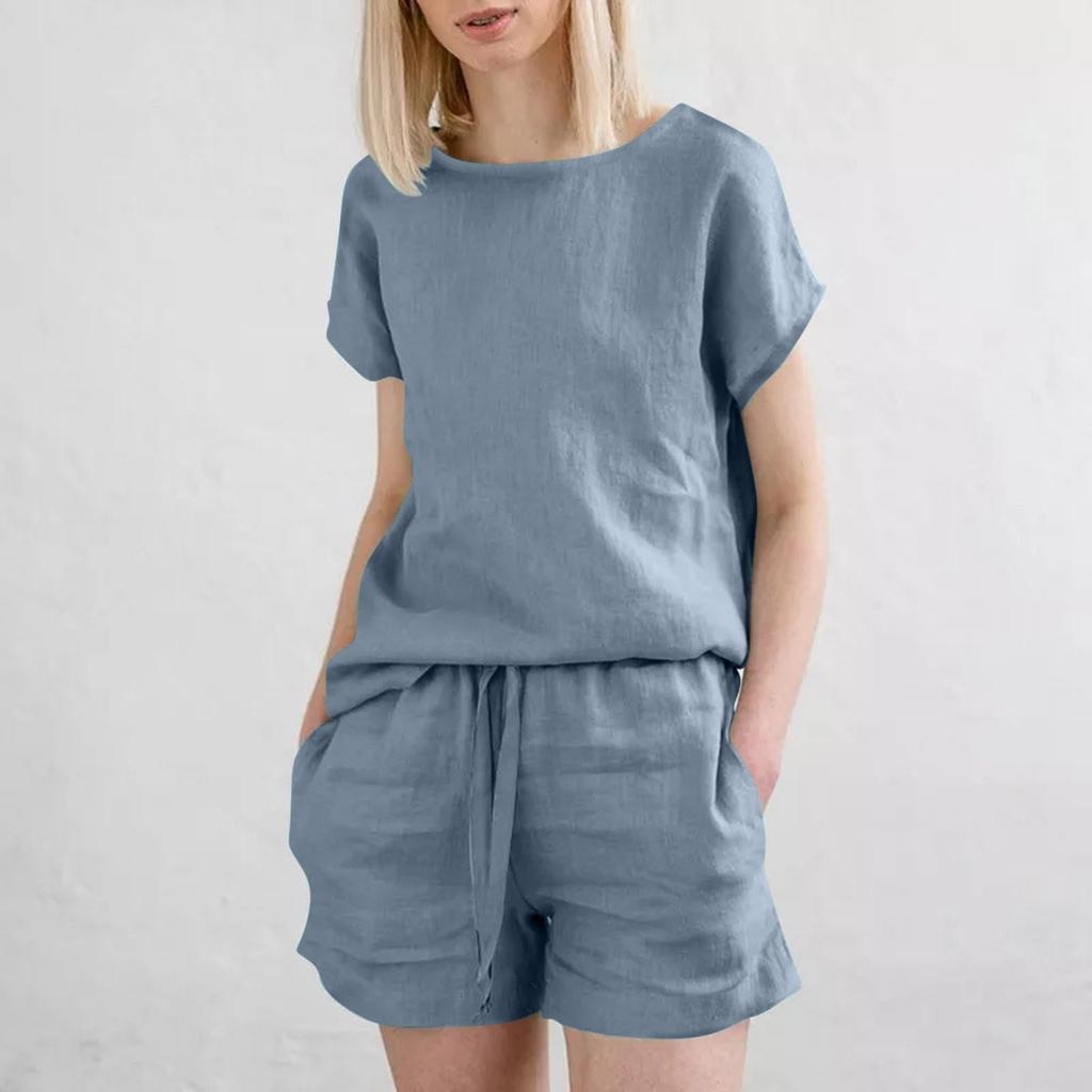 Dámské letní dvoudílné sety, volný top s kulatým výstřihem a krátkým rukávem, jednobarevné kraťasy, cestovní outfity