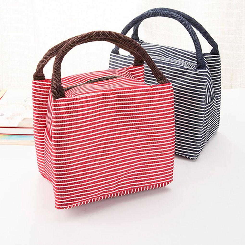 Womens Stripe Thermal Lunch Box Cooler Bag Insulated Picnic Handbag Food Bag