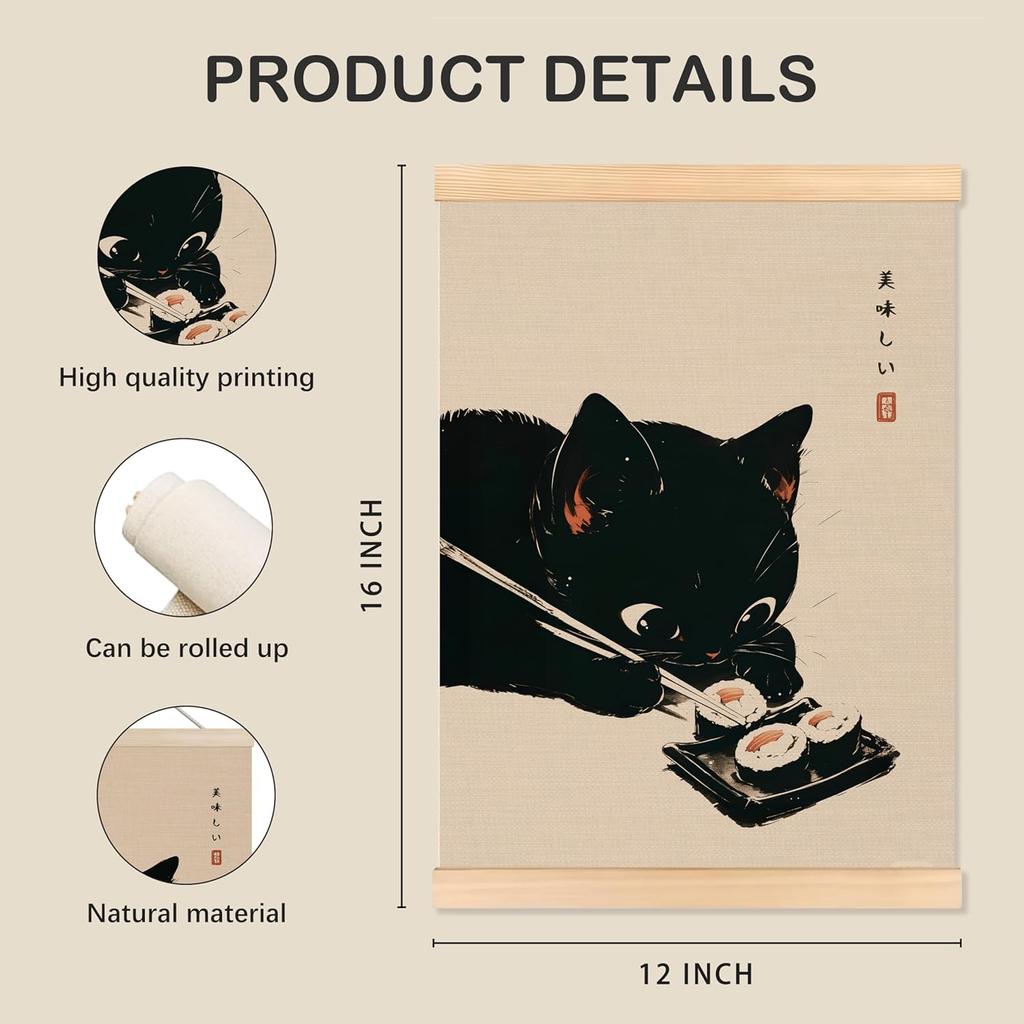 ROXMART Vintage Japanese Sushi Black Cat Poster Hanger Frame, Retro Edo Period Ramen Sushi Cat Wall Art Prints Decor for Kitchen Restaurant Home