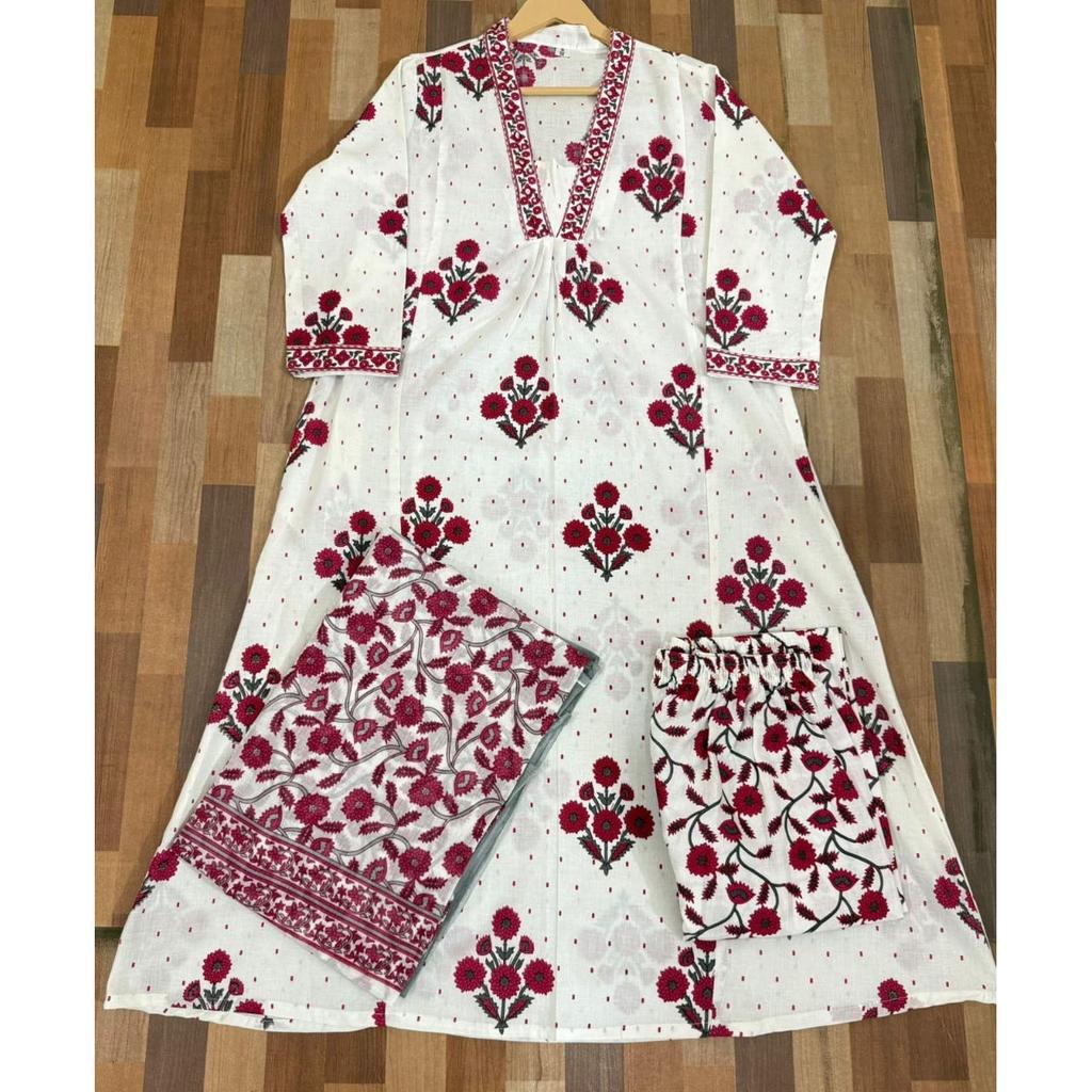 Floral Printed Aline Kurti Pant Dupatta Set Indian Women' Ethnic Kurta Set Dress