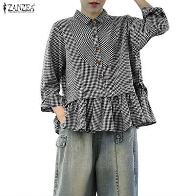 Women Casual Turn Down Collar Plaid Print Loose Long Sleeve Blouse