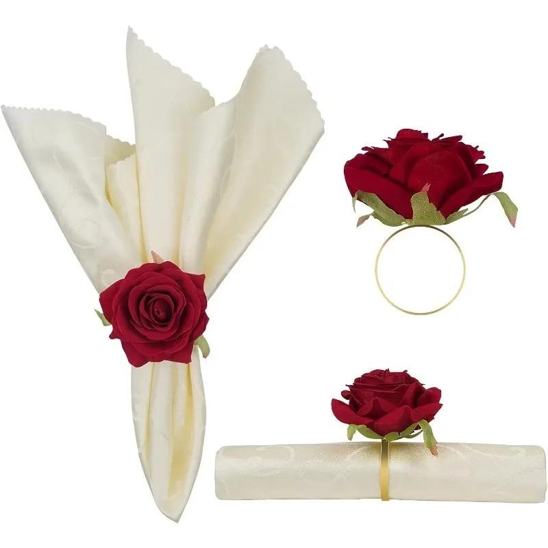 Rose Gold Napkin Rings 96Pcs Red Flower Wedding Decor Valentine Christmas Birthday Banquet Tableware Holder Set