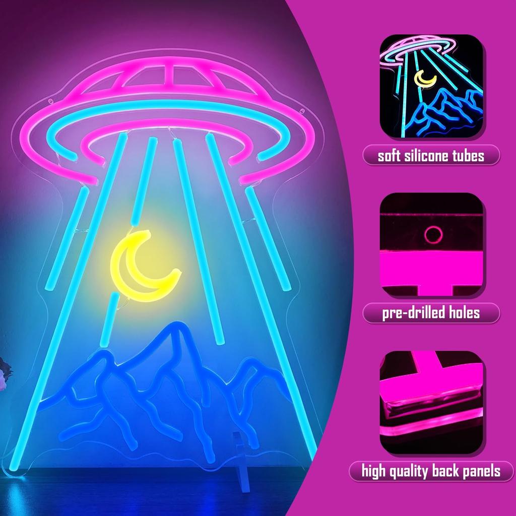 UFO Neon Sign for Wall Decor Alien Spaceship Mountain Neon Sign Dimmable Moon LED Neon Light Signs Light Up Sign for Bedroom Kids Space Game Room