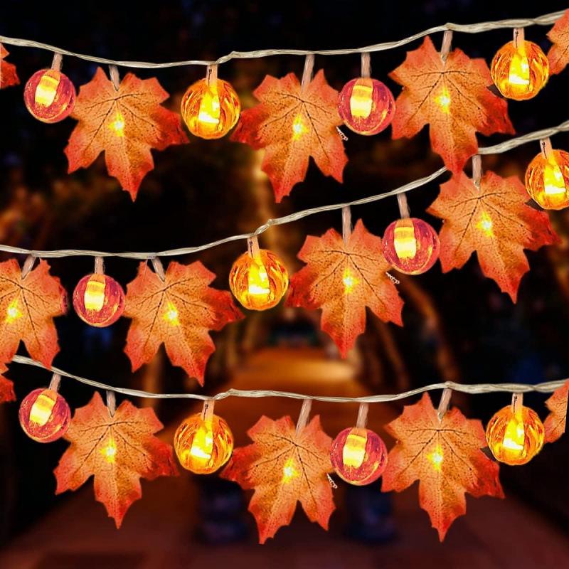 LED Halloween Maple Leaf & Pumpkin String Lights, Outdoor Festival & Christmas Decoration Fairy Lights