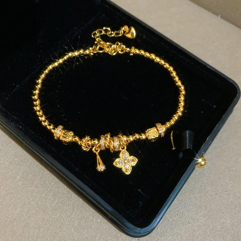 K real gold electroplated metal beaded flower bracelet French retro sand gold bracelet light luxury high-end jewelry women