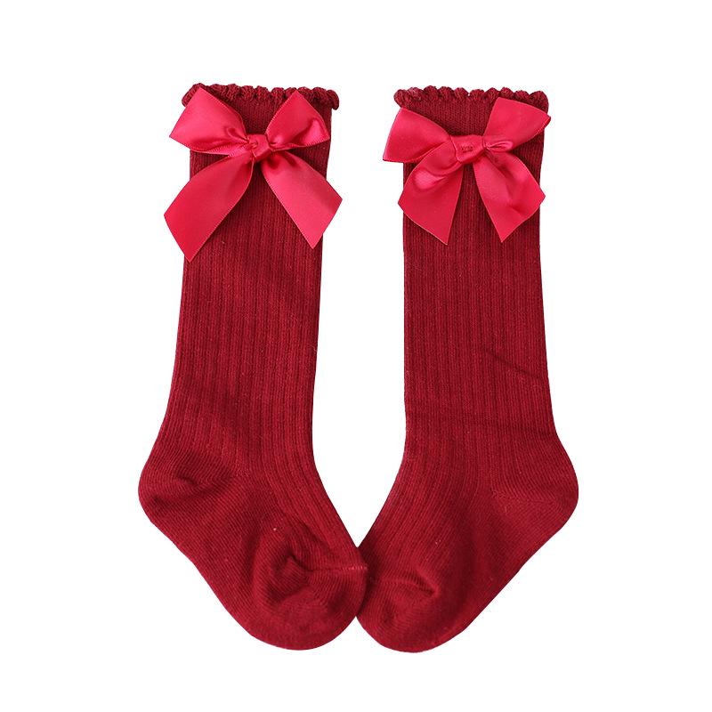 Girls' Bow Mid-Calf Cotton Socks - Cute Solid Colors for Spring & Autumn