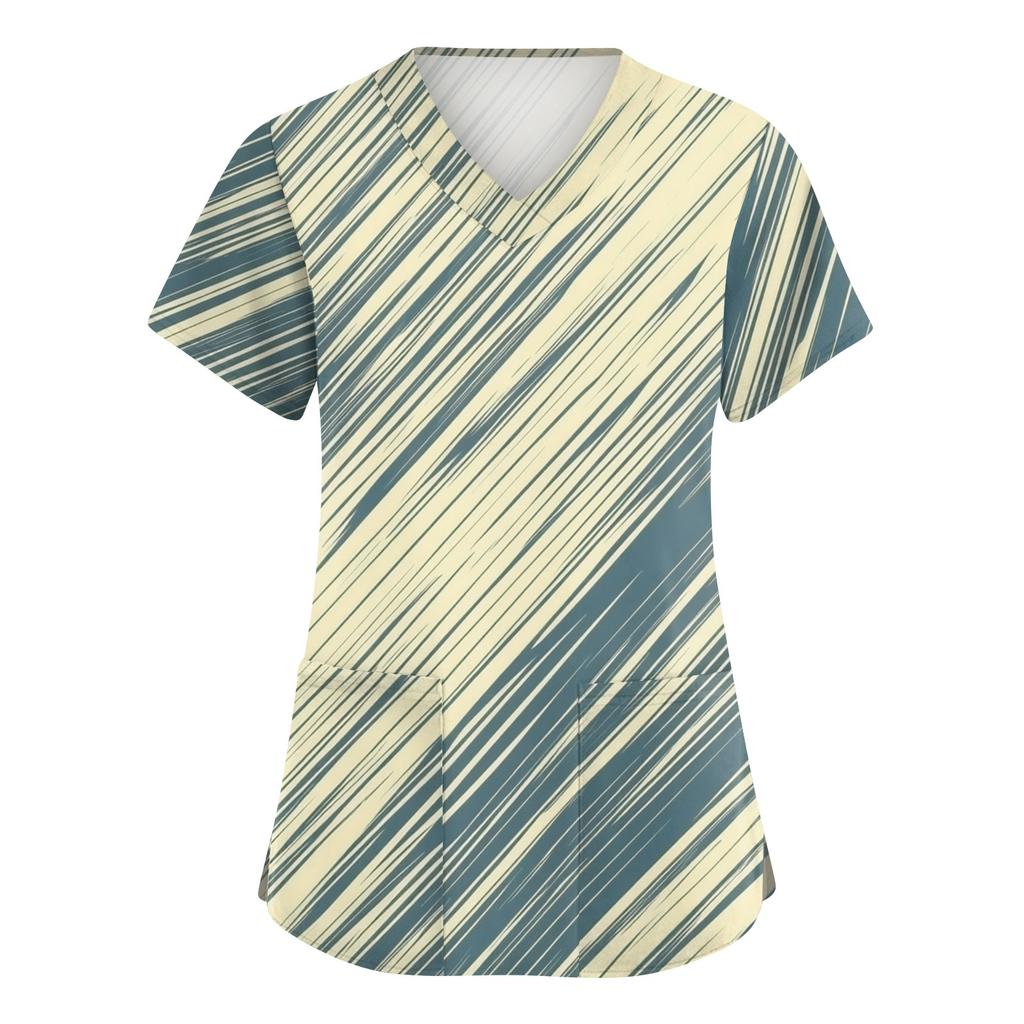 Women's Fashionable V-neck Workwear Printed Short Sleeved Pocket Side Slit Workwear Basic Pullover Top