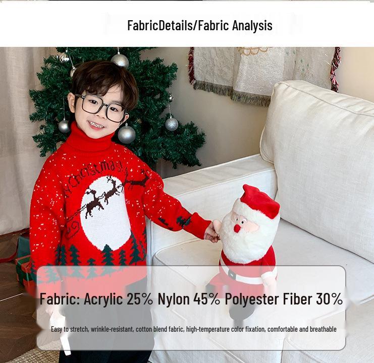 2025 Winter Kinder Roter Rollkragenpullover - Trendiger Weihnachtsstil für Jungen und Mädchen