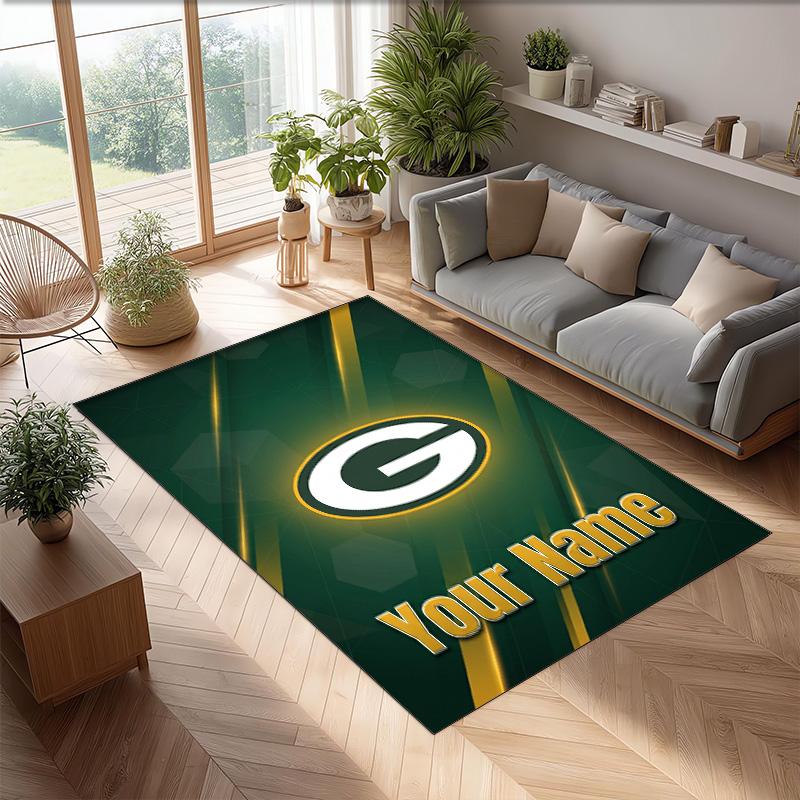 Green Bay Packers Crystal Velvet Rug, Custom Name Text Personalized Non‑Slip Floor Mat for Home Decor Gift