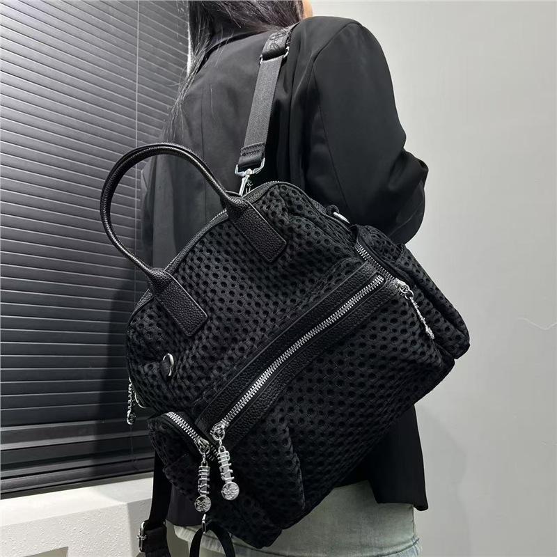 Ladies Mesh Splicing Backpack Multi-Zipper Pocket Personalized Handbag
