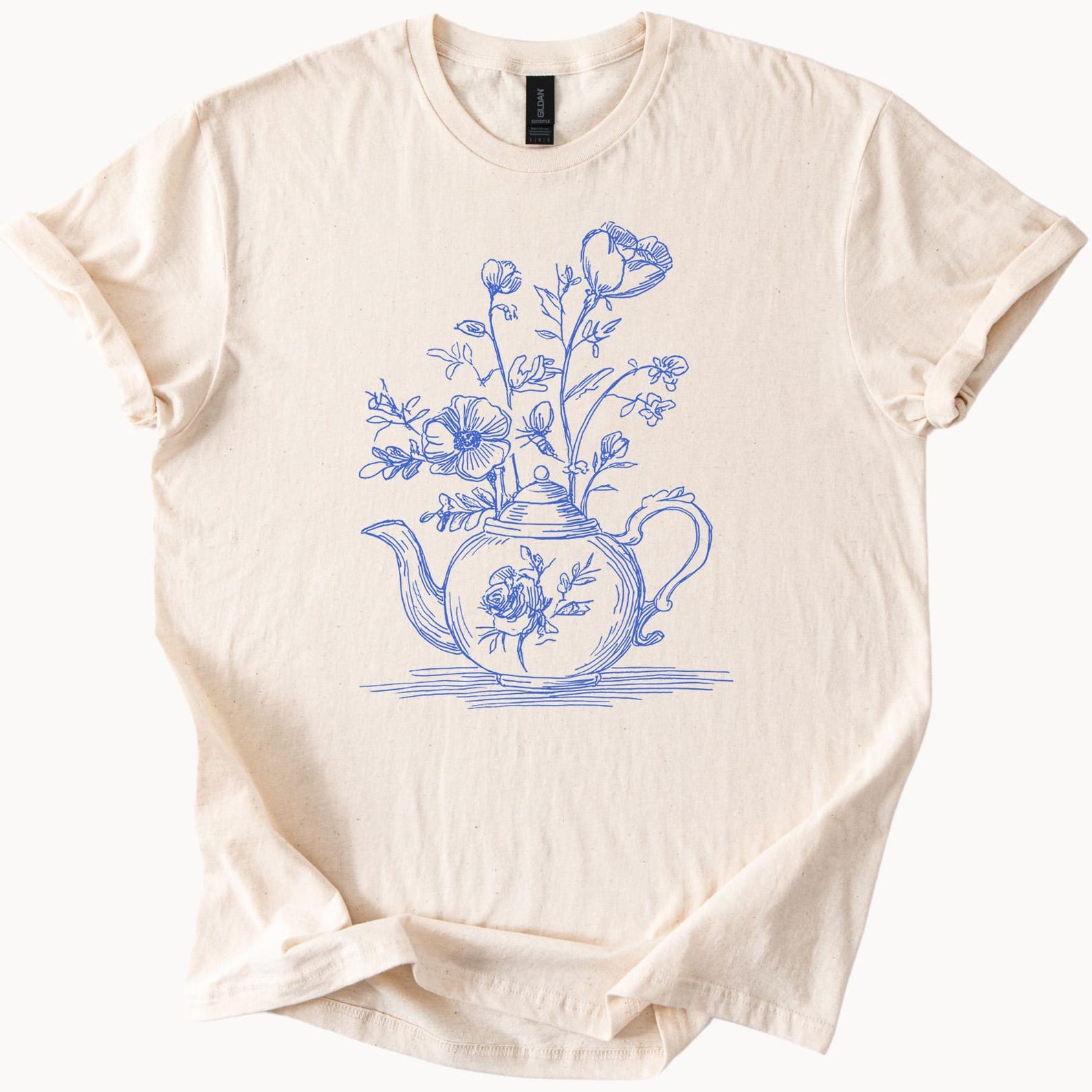 Floral Teapot Botanical Flower Line Art Graphic T Shirt Cottagecore Garden Inspired Hand Drawn Sketch Shirt Nature Aesthetic Gift 100