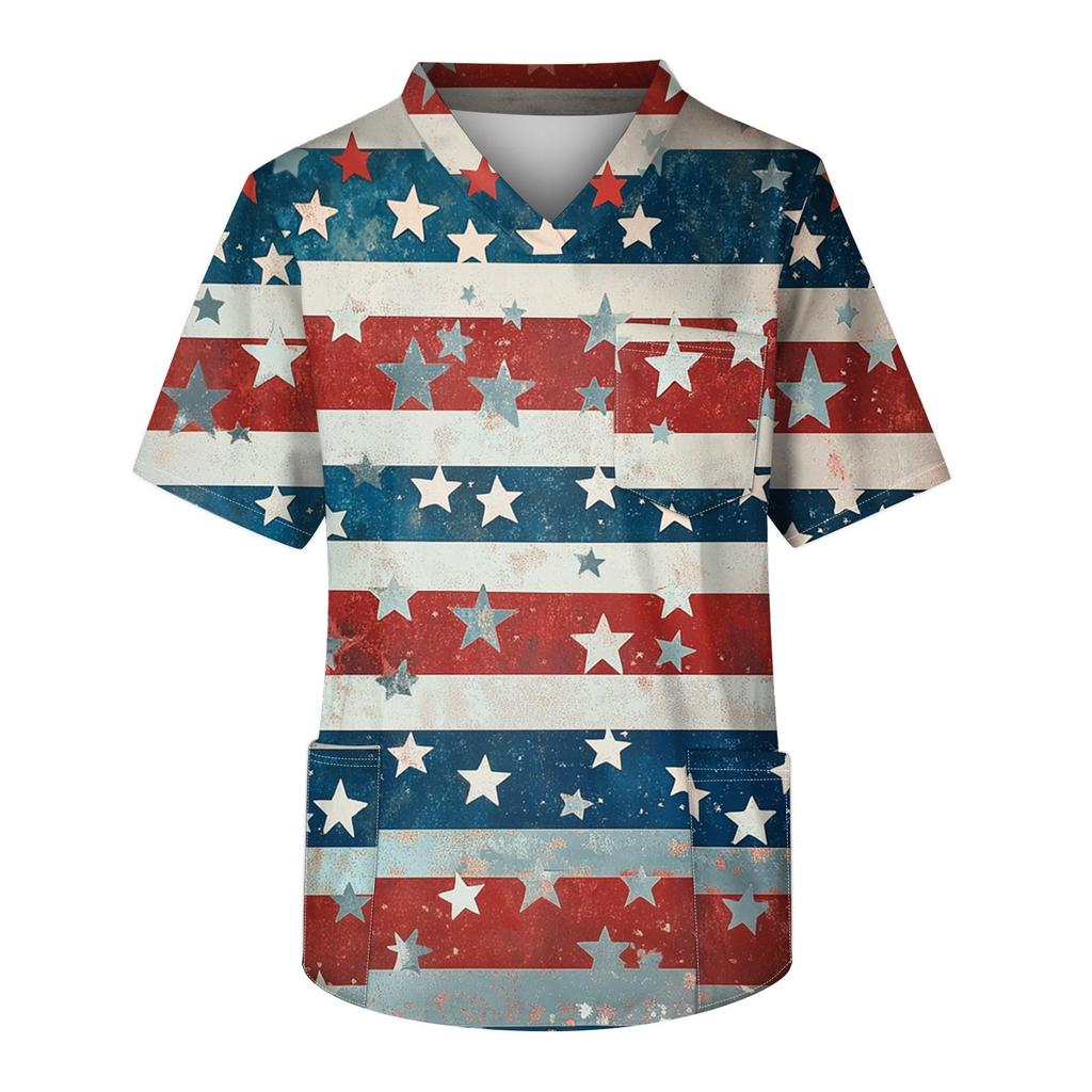 Men's Short Sleeve V-Neck Print Chest Pocket Care Top
