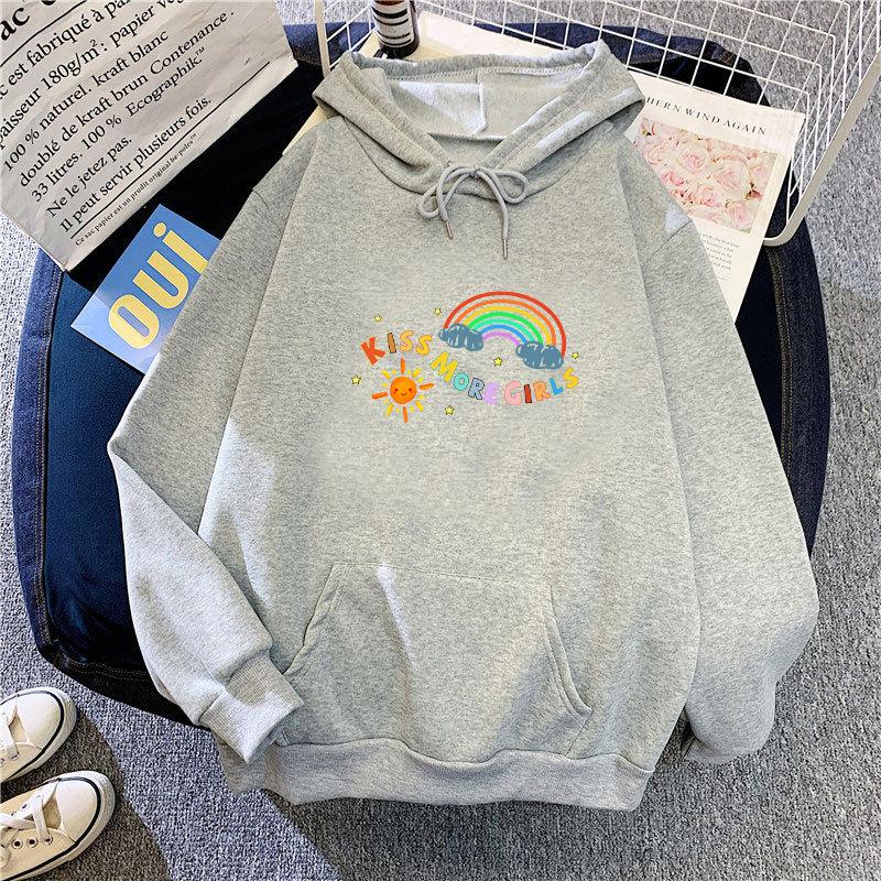 Ladies Gray Plush Hooded Hoodie for Women Plus Size Colorful Print Oversize Pullover Sweatshirt Tops