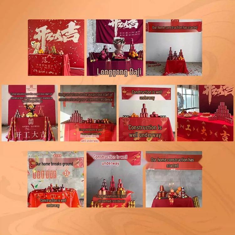 Happy Start Ceremony Decoration Set: Banner, Tablecloth, Stickers, Firecrackers