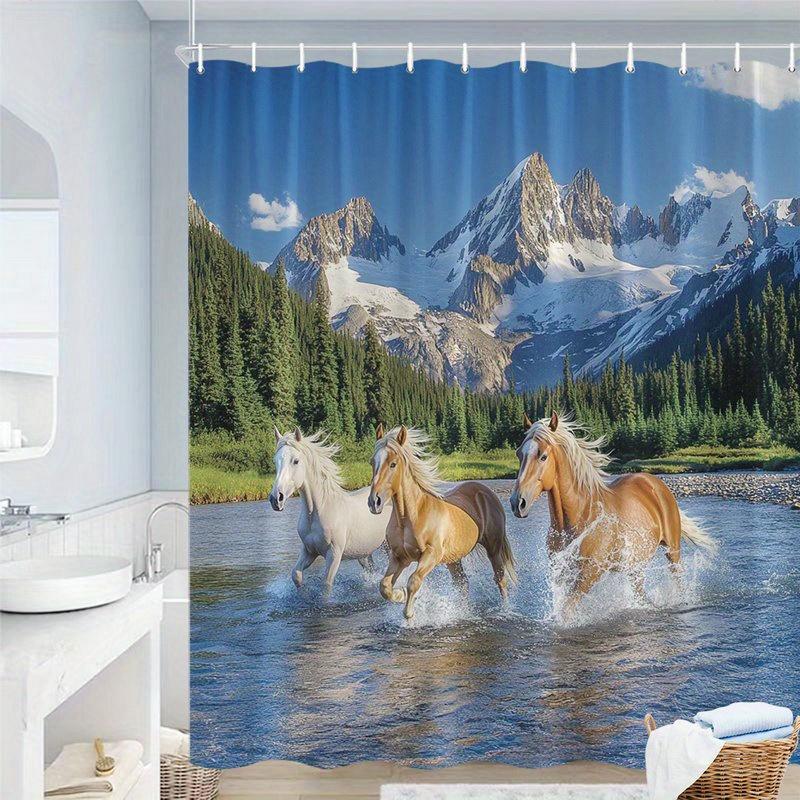 

Galloping Horse Shower Curtain Snowy Mountains Flowing Stream Polyester Machine Washable With 12 Hooks For Bathroom Decor W60H190(CM)-1 Pcs