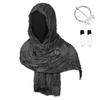 Medieval Style Hooded Cloak Scarf with Distressed Fabric and Metal Brooch Fastener for Cosplay LARP Renaissance Festival Costume Accessory