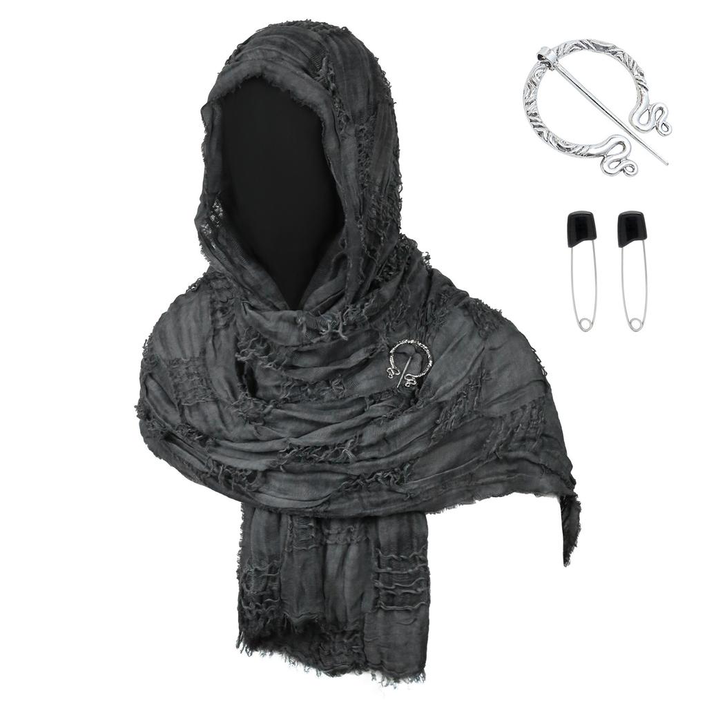 Medieval Style Hooded Cloak Scarf with Distressed Fabric and Metal Brooch Fastener for Cosplay LARP Renaissance Festival Costume Accessory