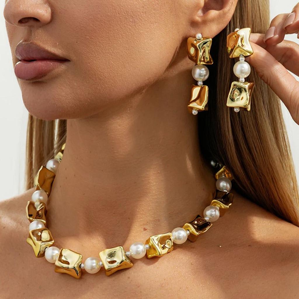Salircon Boho Irregular Splicing Geometric Necklace Earrings Women Jewelry Set Retro Imitation Pearl Bead Necklace Banquet Gift