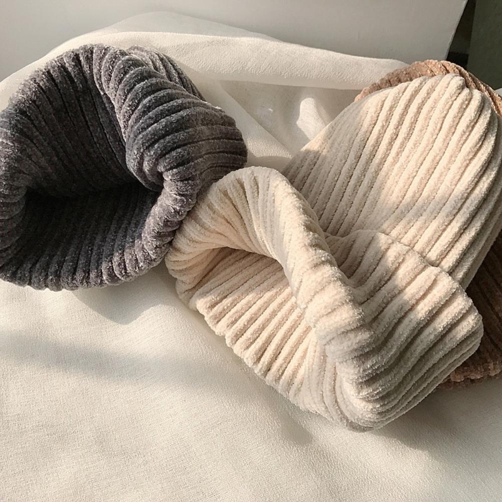 Cap No Edge Flanger Neutral Cap Thickened Solid Color Knitted Hat Men Women Coarse Corduroy Hat Stretchy Winter Hat