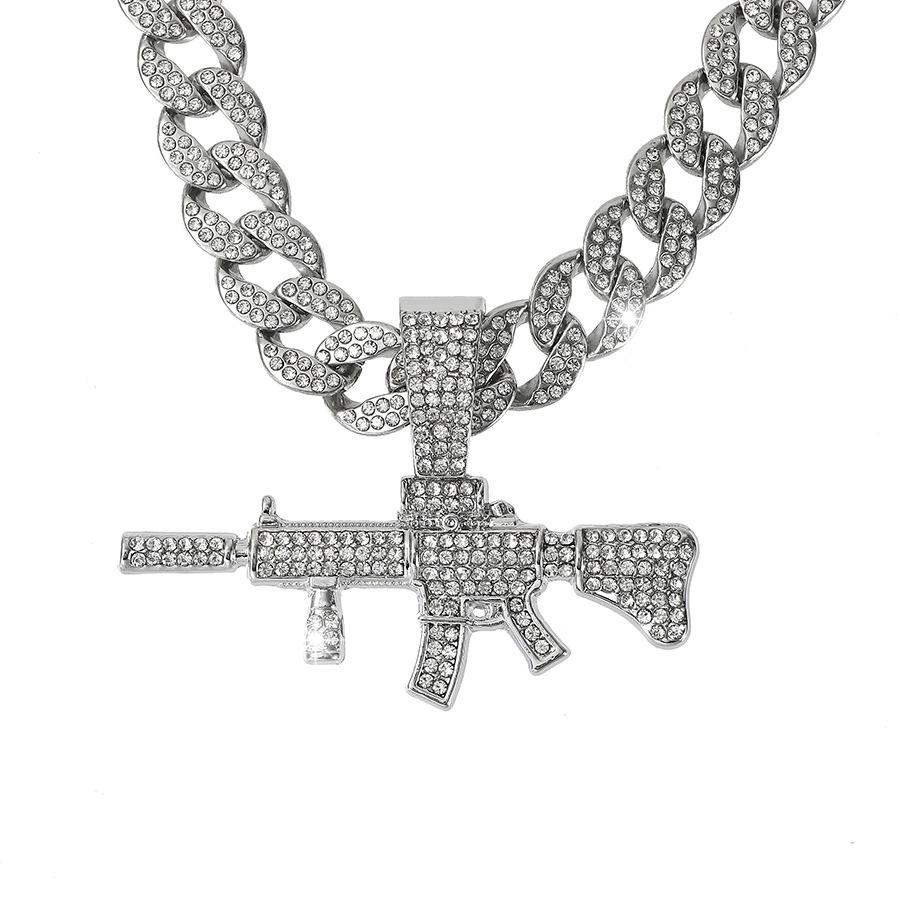 Exaggerated Punk Full Diamond Long Gun Pendant Personalized Street Dance Wear Cuban Chain Nightclub Alloy Gun Necklace