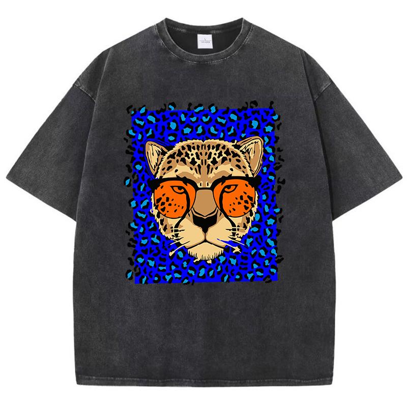 Tricouri Spălate pentru Femei Desene Animate Comic Imprimeu Ghepard Mânecă Scurtă Bumbac Uzat Oversize Gât Rotund Topuri Haine de Stradă