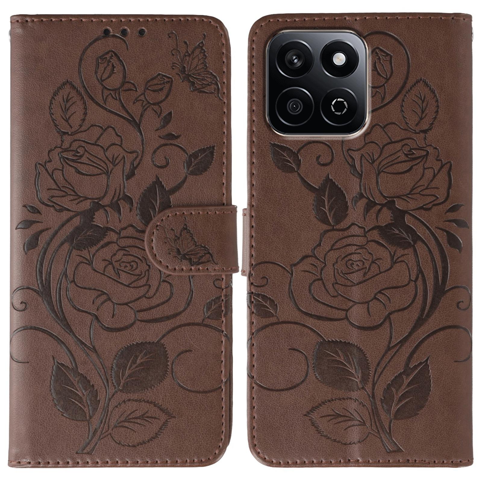 

Phone Case For Honor X7c 4G/200 Smart 5G/Play 60 Plus 5G/Play 9T Wallet Stand Imprinted Rose Butterfly PU Leather Cover Brown