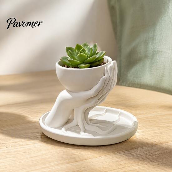 Natural Literary Style Tabletop Decor 3D Printed Palm Shaped Succulent Planter with Drainage Tray, Holding Decorative Root Texture Mini Flower