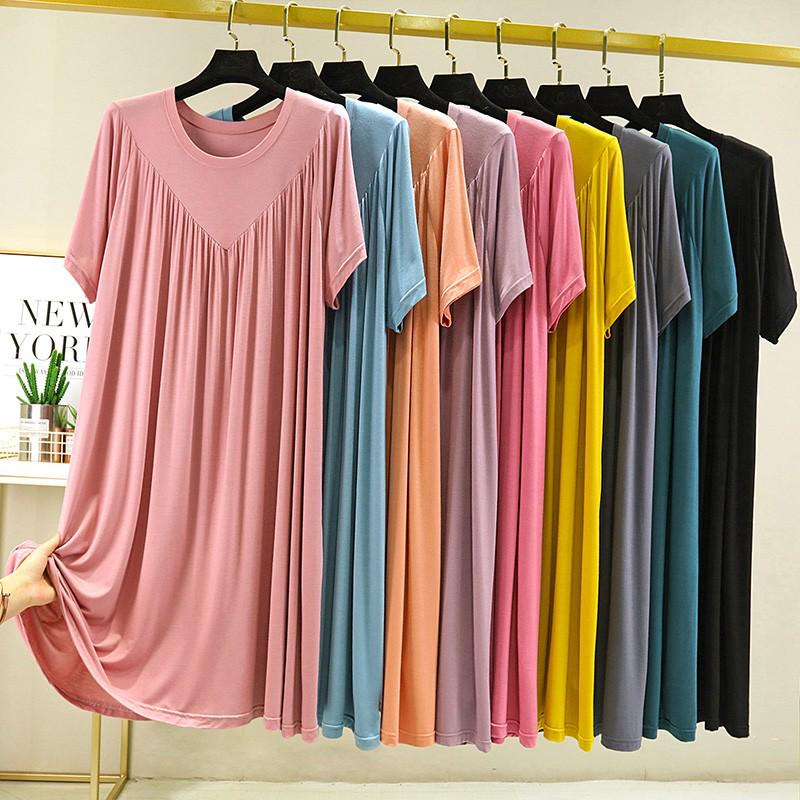 Modal Plus Size Summer Pleated Nightgown for Women – Loose, Mid-Length Home Dress