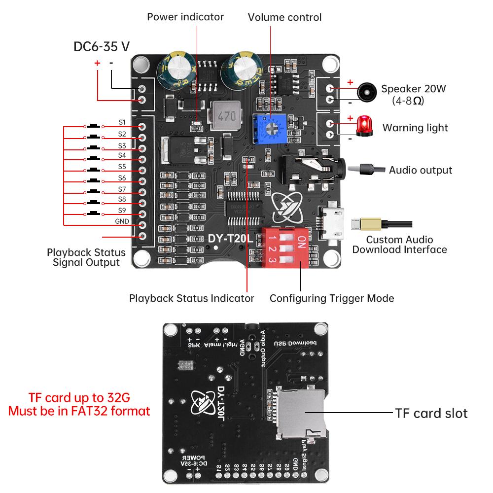 10W/20W Voice Mp3 Playback Control Module DC6-35V One-On-One Trigger Audio Module Supports USB Flash Drive TF Card T20L