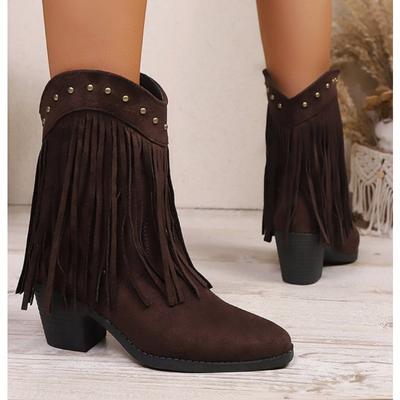 Buty Zimowe Jesienne Szpiczaste Grube Obcasy Kostki Damskie Frędzle Zachodnie Retro Nity Cowboy Moda Damskie Designerskie Buty