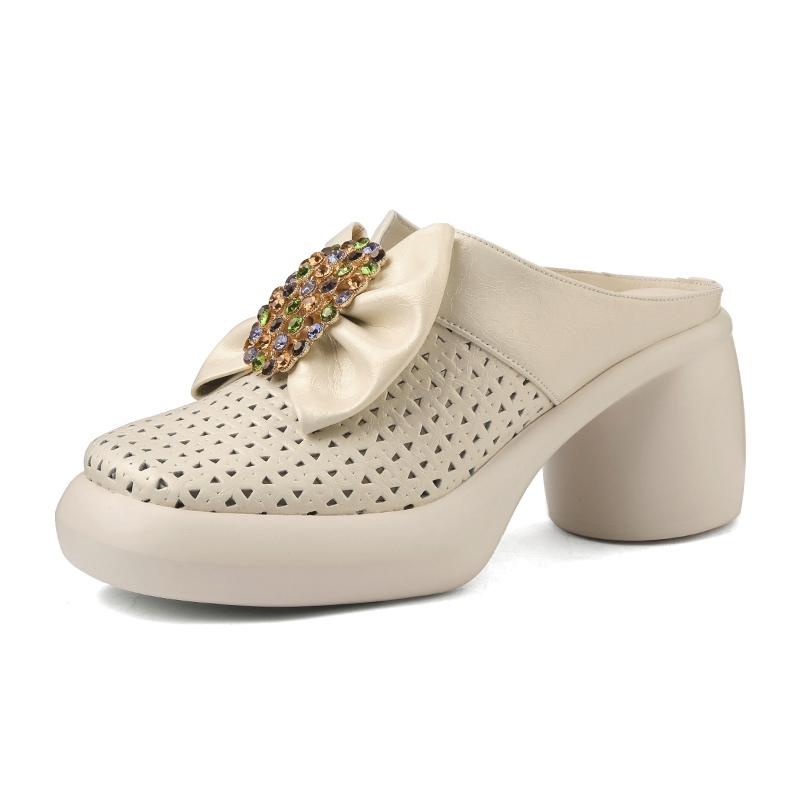 Fashion New Women's Genuine Leather, Cowhide, Rhinestone, Bow, Thick Sole, Thick Heel, High Heel, Hollow Toe, Fashion, M Ü Ller Slippers