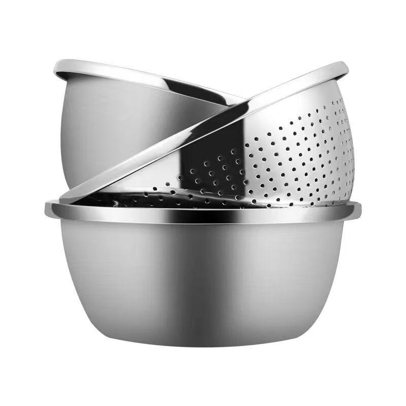 KANGCHUYA Multi-Purpose Stainless Steel Mixing Bowl Set 24cm Solid Bowl + 24cm Colander + 20cm Solid Bowl