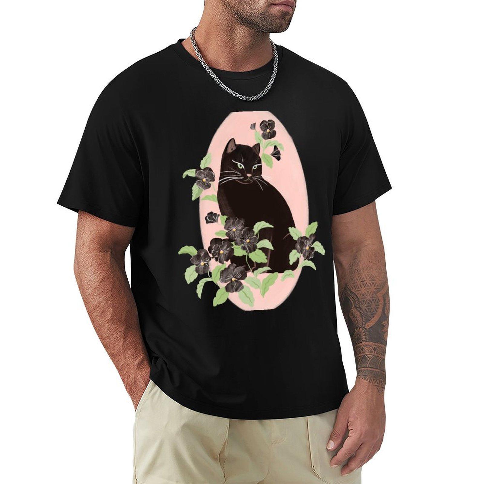 

Black Cat and Pansy TShirt Blouse clothes boys animal print t shirts for men graphic 4XL