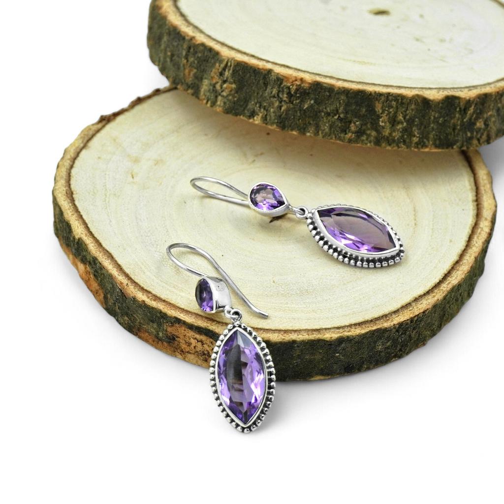 Natural Amethyst Dangle Earrings: 925 Sterling Silver Jewelry
