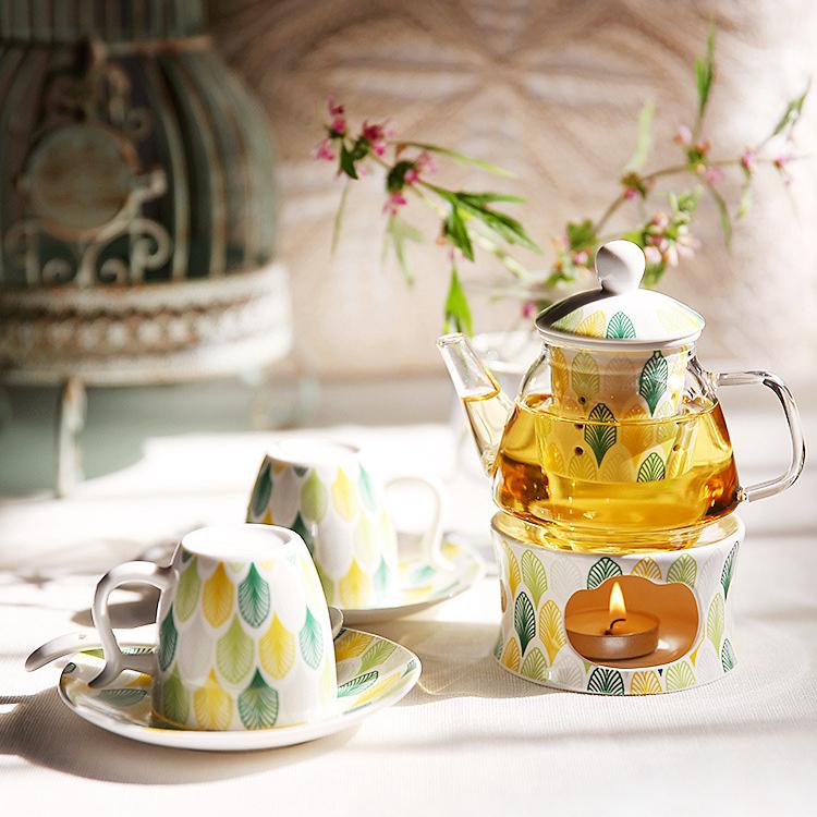 Blumiges Porzellan Tee-Geschenkset Glas-Teekanne mit Sieb und Teekannenwärmer Keramik-Teetasse Untertasse Kaffeetasse Mikrowellengeeignet