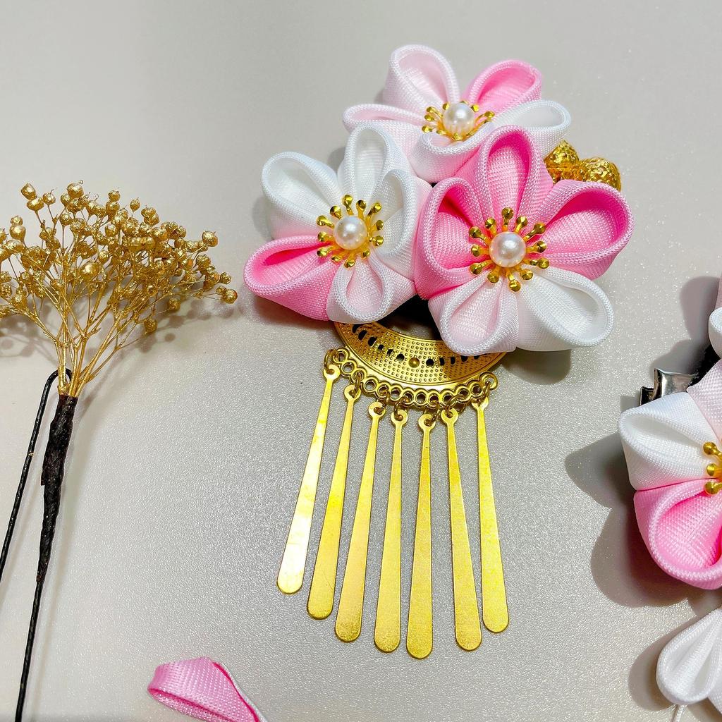Pink and White Hair Ornament with Gold Perfect for Japanese and Dried Flower Tsumami-Zaiku Baby's Breath, Graduation, Clothing, Shichi-Go-San,