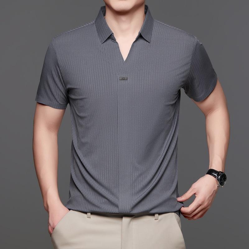 Premium Thin Short Sleeve V-Neck Casual Breathable Skin-Friendly Business Loose Polo Shirt Men'S Clothing