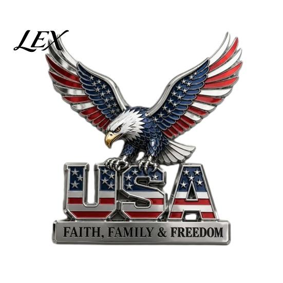 Car Stickers USA Faith, Family & Freedom Metal Emblem, Eagle Letters Patriotic Edition 3D Waterproof 250th Anniversary Red Blue Flag Auto Decal 1pc