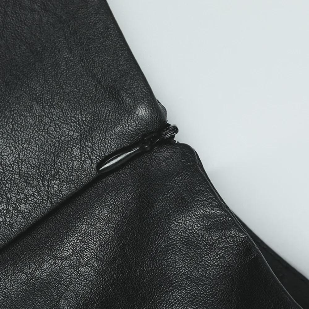 Vintage Dark PU Leather High-Waist A-Line Mesh Skirt