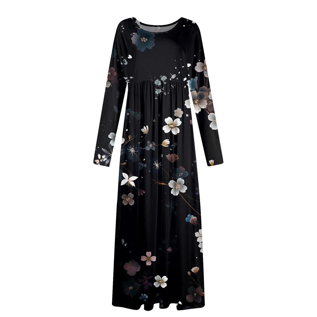 Women's Fashion Casual Print Round Neck Long Sleeve Extra Long Dress With Pockets