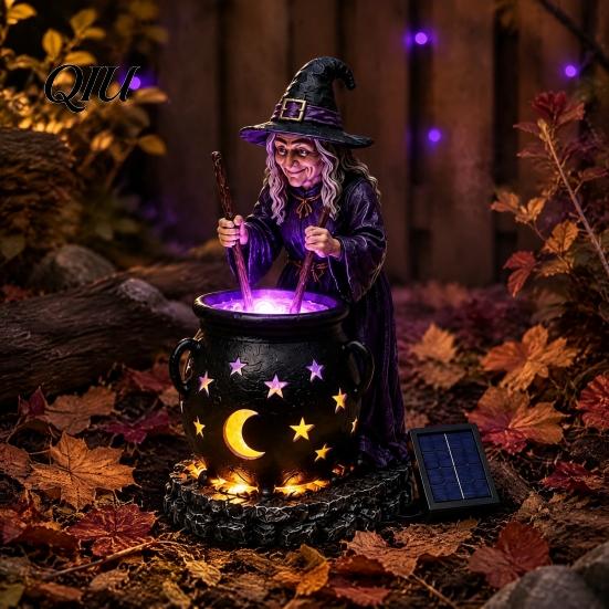 Dark Atmosphere Night Light Solar Witch Statue with Glowing Cauldron, Outdoor Halloween Garden Light, Party Decorations Resin Decorative Figurine for